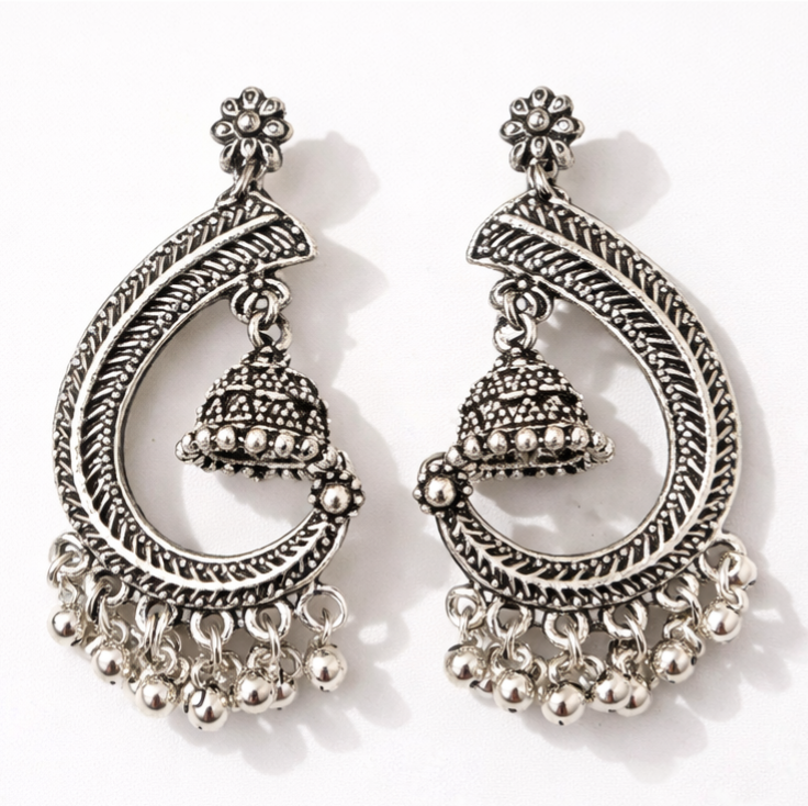 Oxidised Silver Jhumka Drop Earrings – Traditional Boho Chandbali Style | Pack Of 2