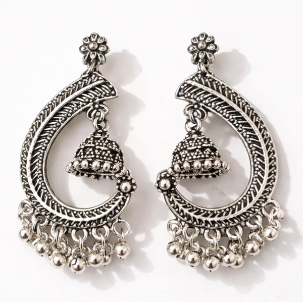 Oxidised Silver Jhumka Drop Earrings – Traditional Boho Chandbali Style | Pack Of 2