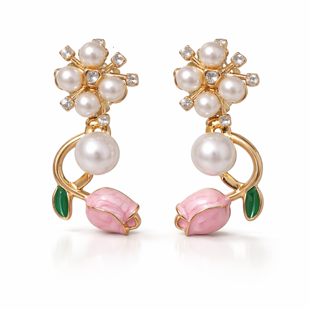 Luxury Pearl Floral Rose Earrings with Gold Finish | 3 In 1