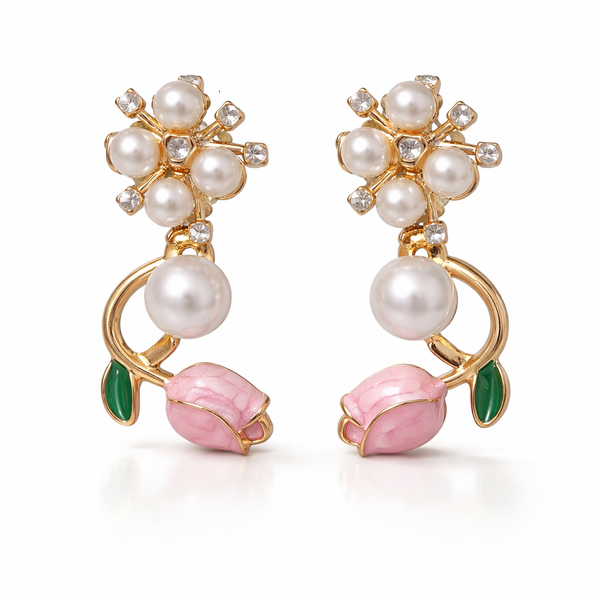 Luxury Pearl Floral Rose Earrings with Gold Finish | 3 In 1