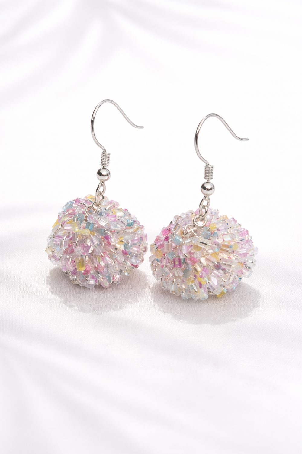 Pastel Crystal Beaded Pom Pom Earrings – Soft Aesthetic Drop Earrings | Pack Of 2