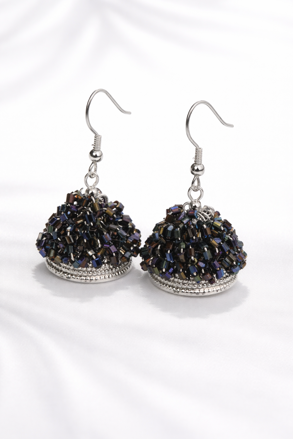 Midnight Iridescent Beaded Dome Earrings – Statement Party Drops