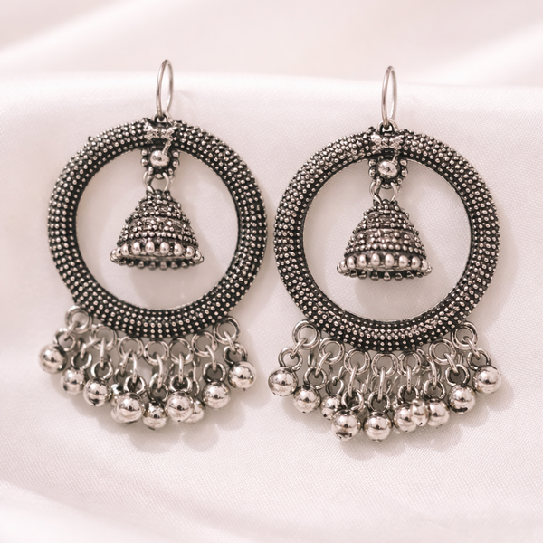 Oxidized Silver Hoop Jhumka Earrings with Ghungroo Detailing | Pack Of 2