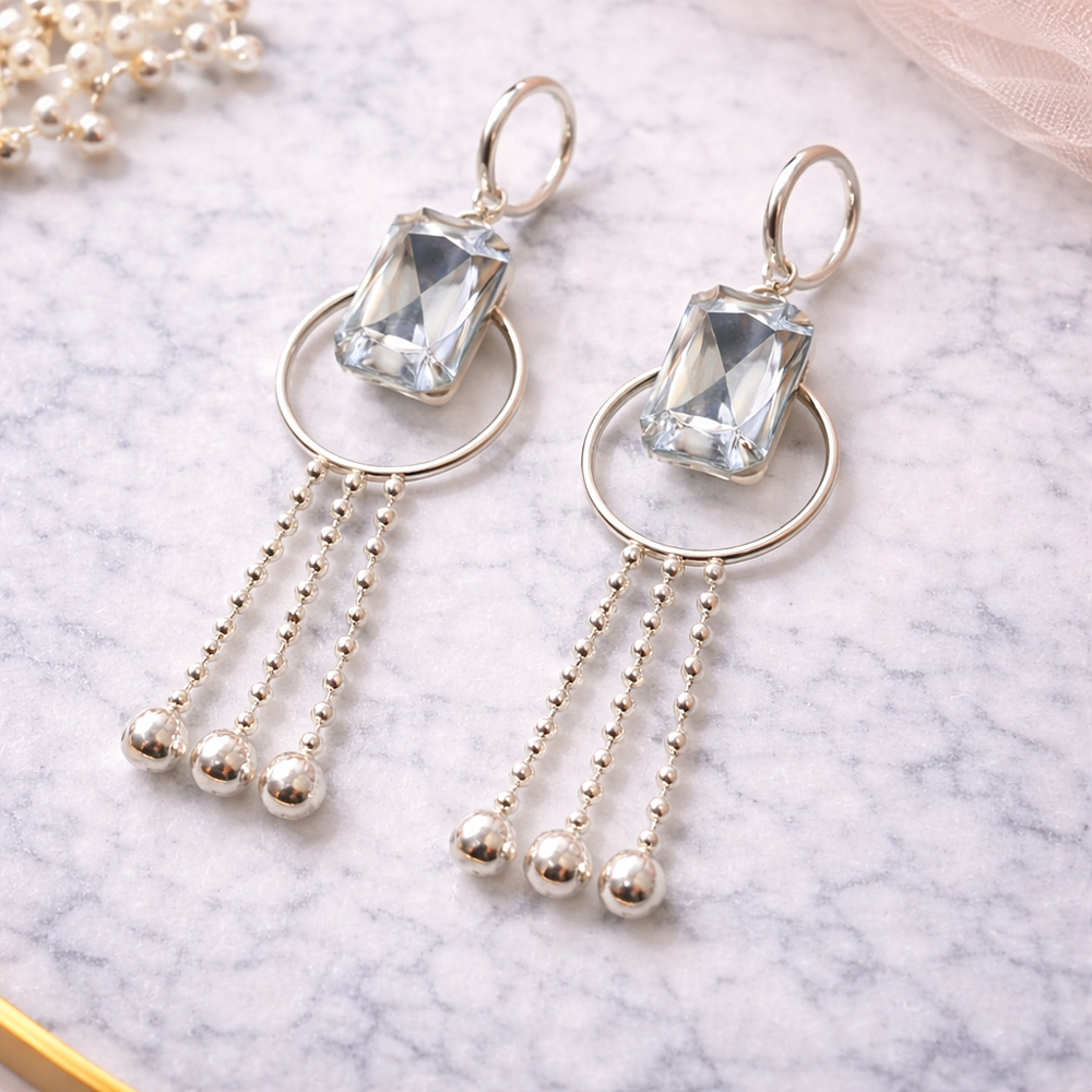 Elegant Crystal Drop Earrings with Silver Chain Tassels | Pack Of 2