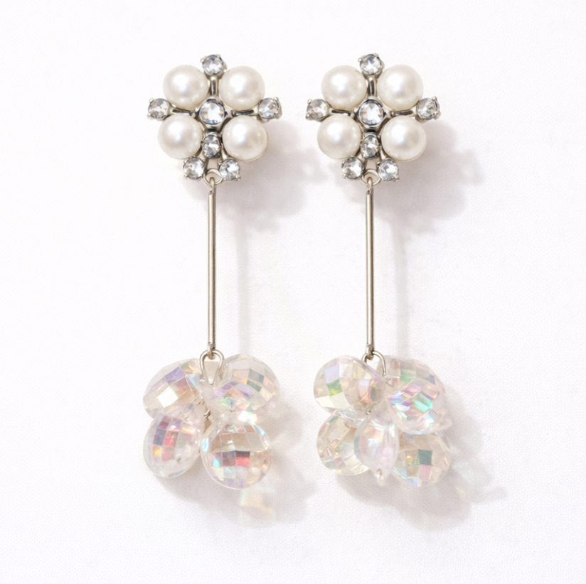 Elegant Pearl Bloom Drop Earrings with Crystal Dangle | Pack Of 2