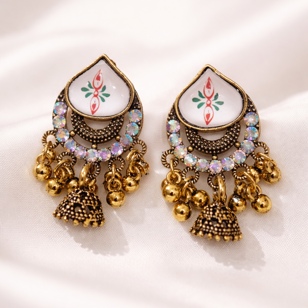 Royal Floral Jhumka Earrings with Crystal Detailing | Pack Of 2