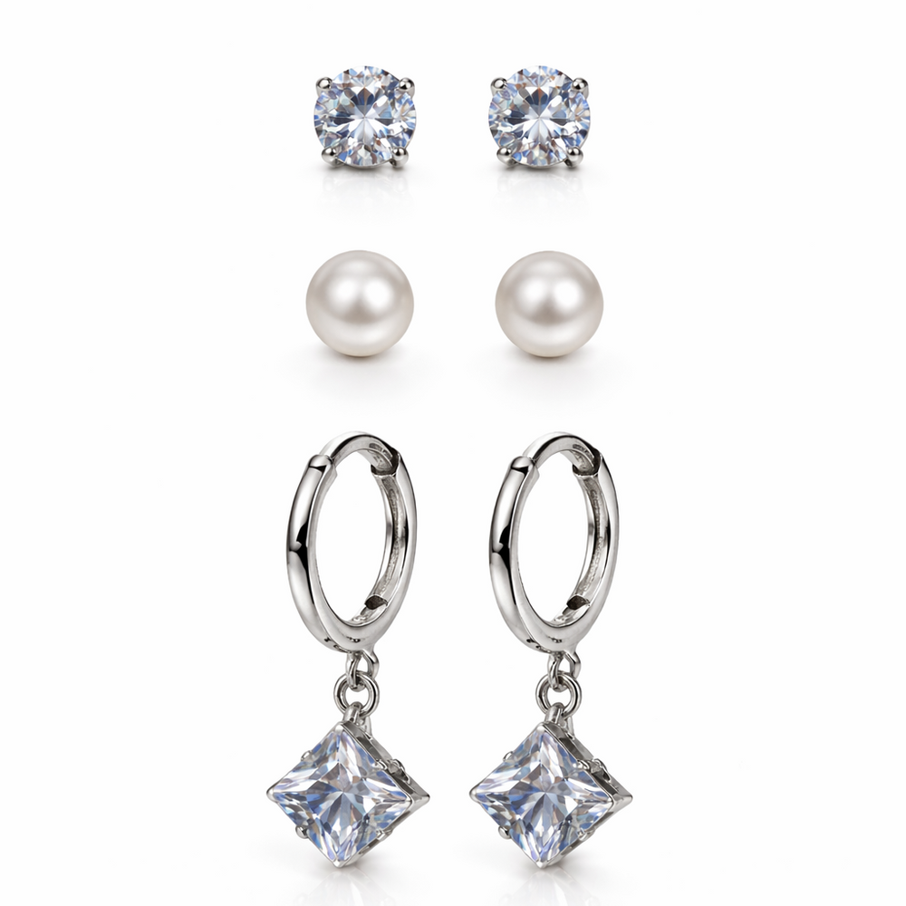 3-in-1 CZ Earrings Combo Set – Studs, Pearl & Dangle Hoop Earrings for Women | Pack Of 2