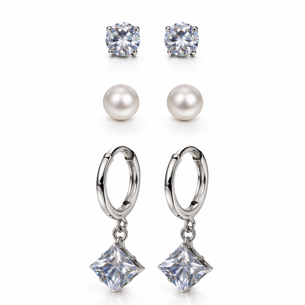 3-in-1 CZ Earrings Combo Set – Studs, Pearl & Dangle Hoop Earrings for Women | Pack Of 2