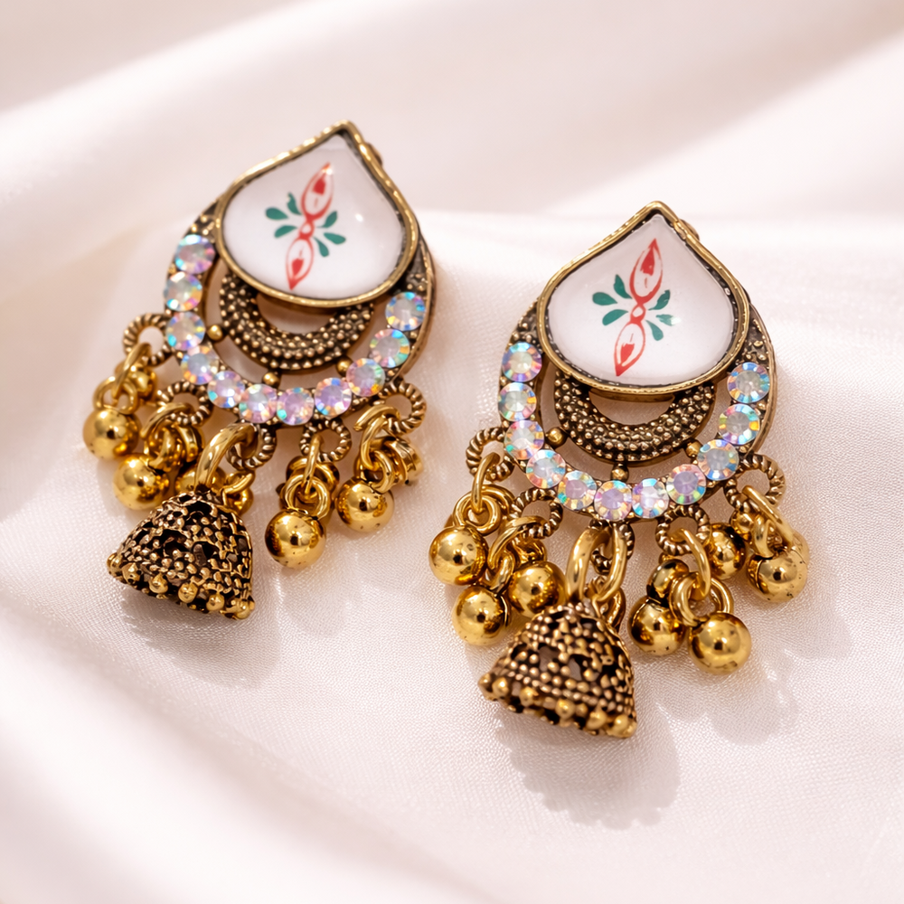 Royal Floral Jhumka Earrings with Crystal Detailing | Pack Of 2